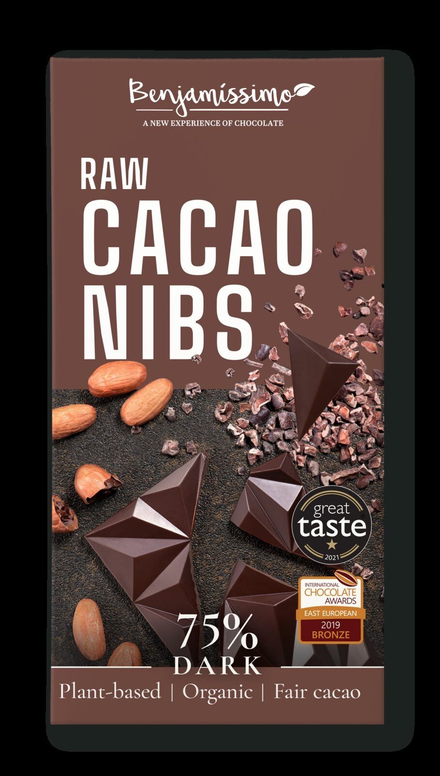 Ciocolata neagra 75% cu cacao nibs, bio, 60g, Benjamissimo