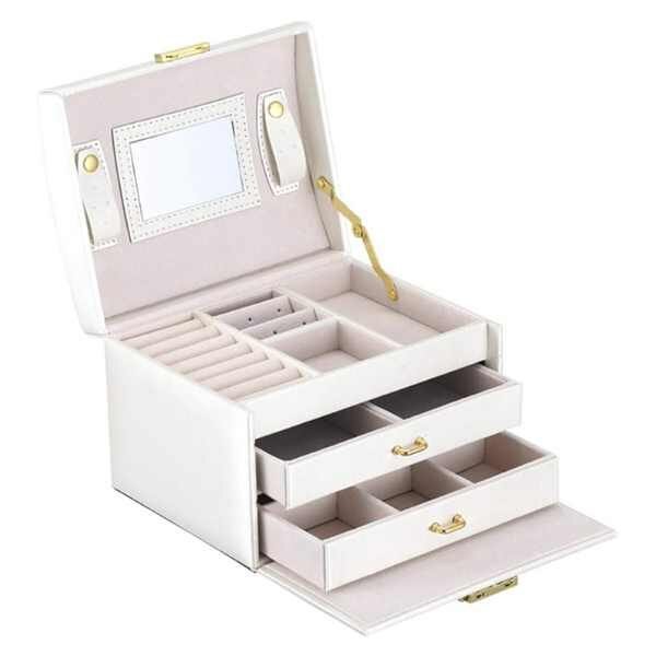 Cutie de Bijuterii Mercaton din Piele Ecologica, tip Valiza cu 3 Compartimente, 17×13.7×12 cm, Crem