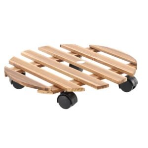 Suport rotund pentru ghiveci din lemn cu roti, 30 cm, maro natural