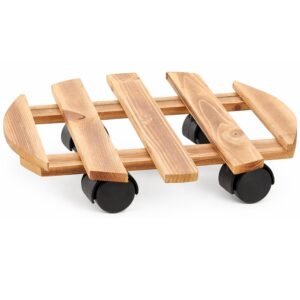 Suport ghiveci cu roti, suport mobil pentru plante, din lemn, diametru 36 cm, maro natur