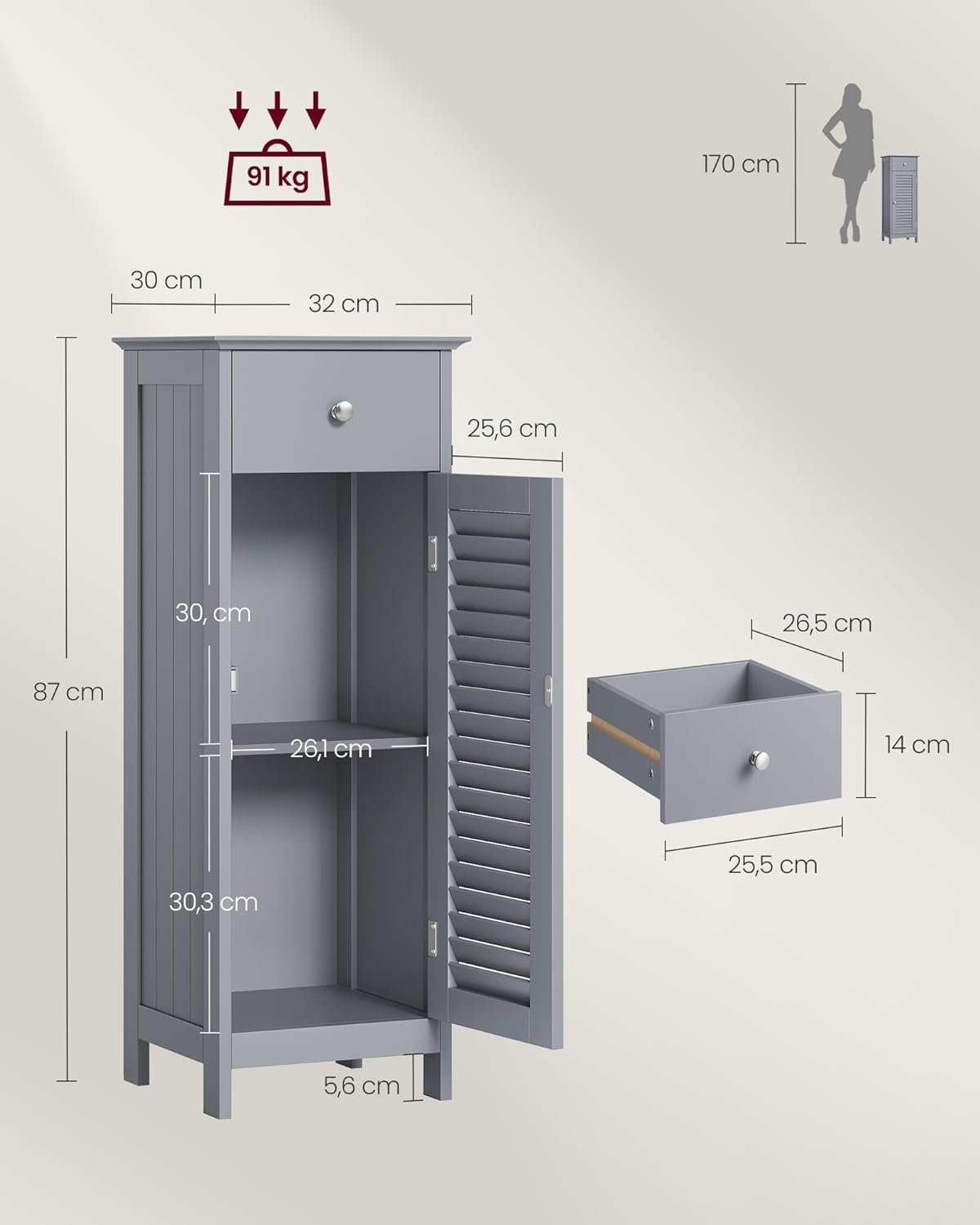 VASAGLE Dulap de depozitare de podea pentru baie, din lemn cu sertar, usa cu lamele, 32x30x87cm, gri 3 VASAGLE Dulap de depozitare de podea pentru baie, din lemn cu sertar, usa cu lamele, 32x30x87cm, gri - imagine 3