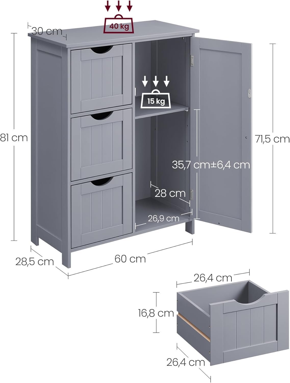 VASAGLE Dulap de baie, din MDF, cu 3 sertare, raft reglabil, 30x60x81cm, gri 3 VASAGLE Dulap de baie, din MDF, cu 3 sertare, raft reglabil, 30x60x81cm, gri - imagine 3