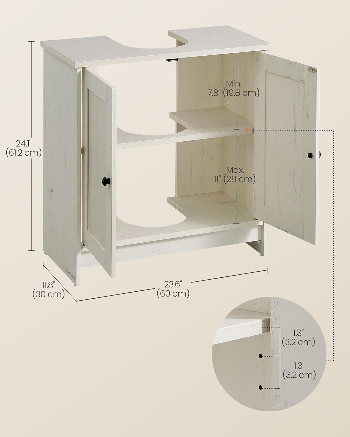 SONGMICS Masca baie pentru chiuveta, suport lavoar, raft reglabil, stil rustic modern, 60x30x61 cm, alb rustic
