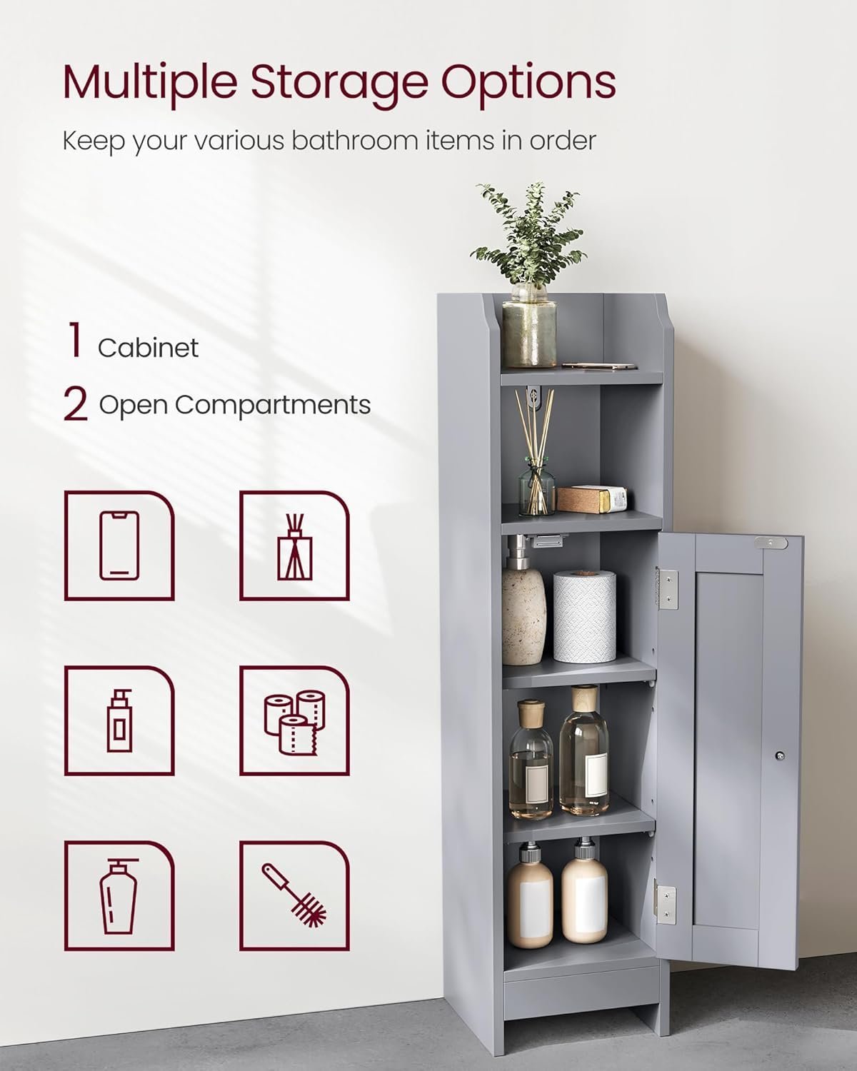 VASAGLE Dulap de baie, pentru spatii inguste, cu rafturi si usa, 18x20x80 cm, gri 4 VASAGLE Dulap de baie, pentru spatii inguste, cu rafturi si usa, 18x20x80 cm, gri - imagine 4