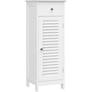 VASAGLE Dulap de depozitare de podea pentru baie, din lemn cu sertar, usa cu lamele, 32x30x87cm, alb