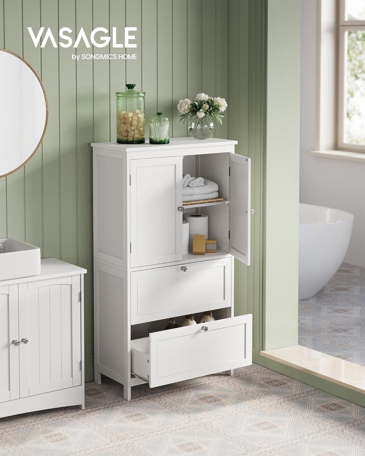 VASAGLE Dulap de baie, din MDF, cu 2 sertare si 2 usi, raft reglabil, 30x60x110cm, alb 4 VASAGLE Dulap de baie, din MDF, cu 2 sertare si 2 usi, raft reglabil, 30x60x110cm, alb - imagine 4