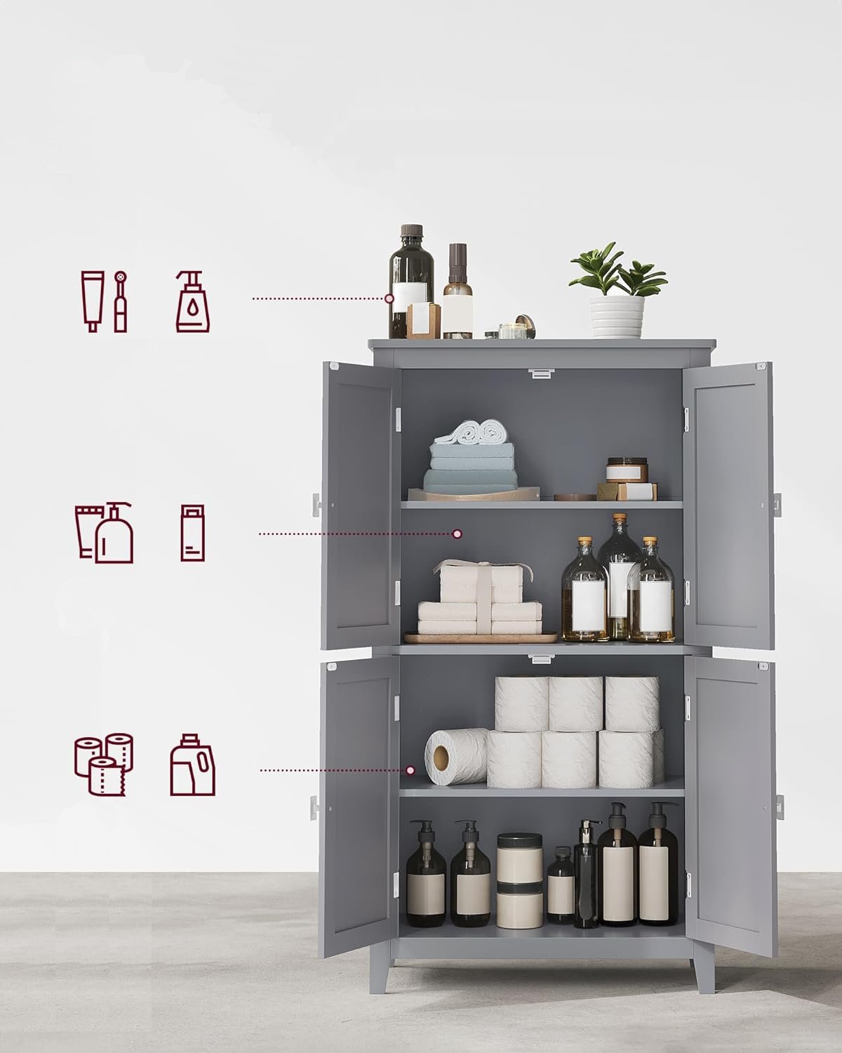 VASAGLE Dulap de baie, din MDF, cu 2 compartimente si 4 usi, rafturi reglabile, 30x60x110cm, gri 4 VASAGLE Dulap de baie, din MDF, cu 2 compartimente si 4 usi, rafturi reglabile, 30x60x110cm, gri - imagine 4