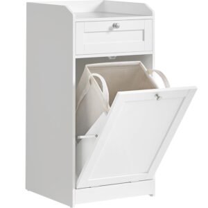 VASAGLE Dulap de baie cu cos de rufe integrat, sertar si blat cu margini ridicate, sac textil detasabil, 80x40x40 cm, alb