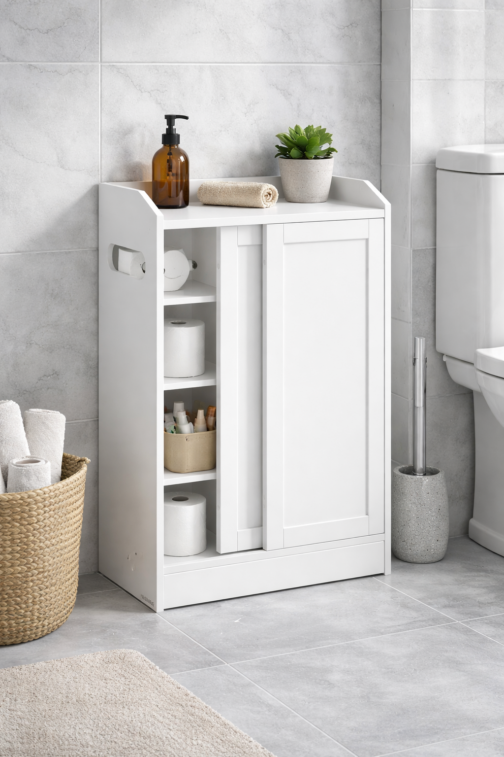 VASAGLE Dulap baie ingust, cu suport hartie igienica si compartiment perie WC, usi glisante, rafturi reglabile, 20x60x80 cm, alb 2 VASAGLE Dulap baie ingust, cu suport hartie igienica si compartiment perie WC, usi glisante, rafturi reglabile, 20x60x80 cm, alb - imagine 2