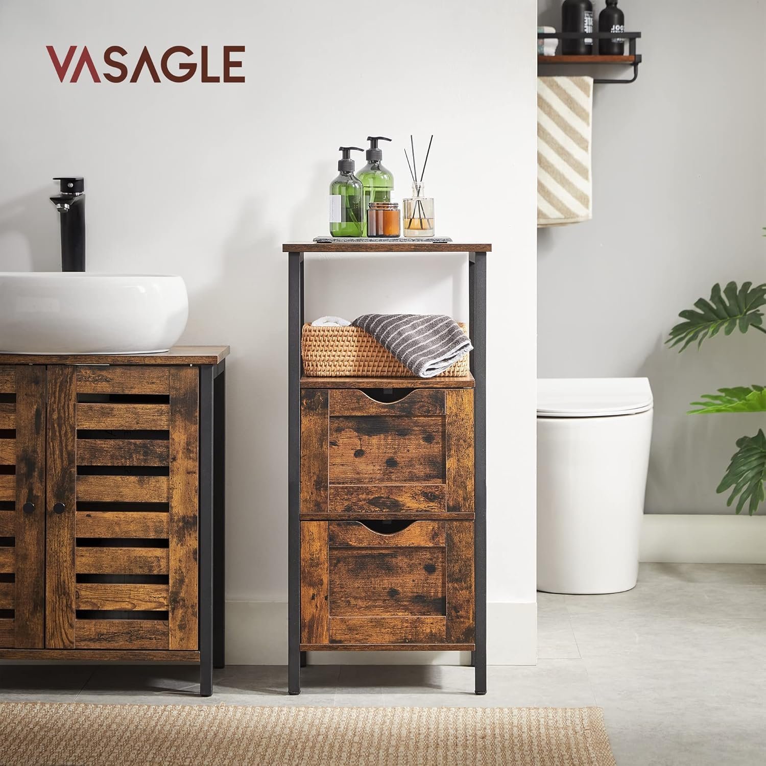 VASAGLE Noptiera inalta, din MDF, cu 2 sertare reglabile, 37x30x80 cm, maro rustic 2 VASAGLE Noptiera inalta, din MDF, cu 2 sertare reglabile, 37x30x80 cm, maro rustic - imagine 2