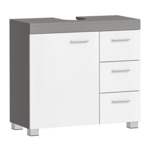 VASAGLE Dulap baie lavoar, cu 3 sertare si 2 compartimente, MDF, 70x30x64 cm, alb si gri