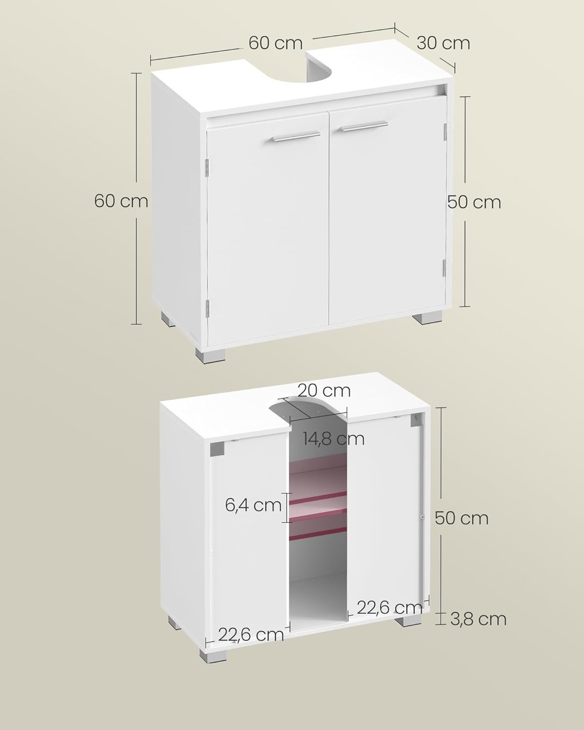 VASAGLE Dulap baie pentru suport lavoar, MDF, 2 compartimente, raft interior reglabil, 30x60x60 cm, alb 2 VASAGLE Dulap baie pentru suport lavoar, MDF, 2 compartimente, raft interior reglabil, 30x60x60 cm, alb - imagine 2