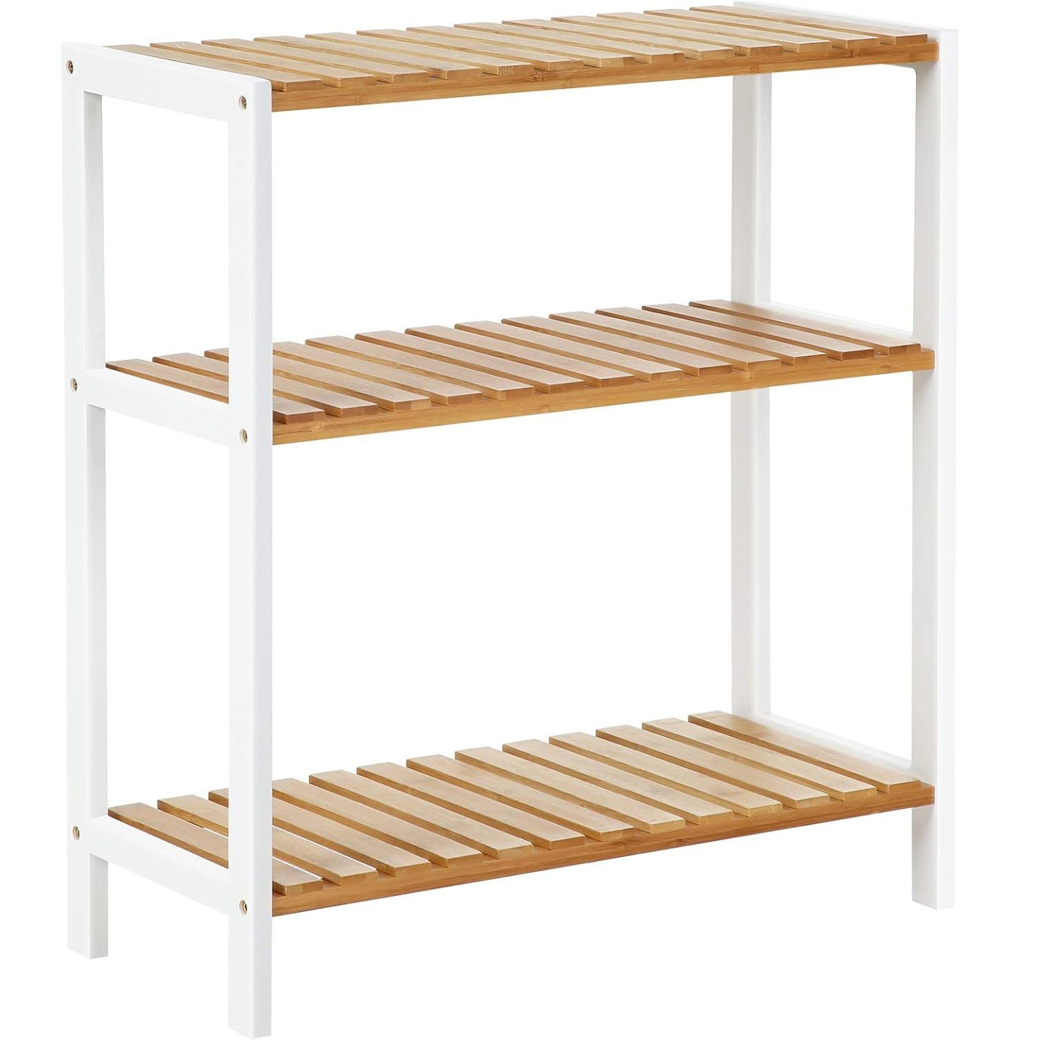 SONGMICS Etajera bambus 60x26x66 cm, cu 3 rafturi, kit anti-rasturnare, alb si natur