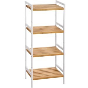 SONGMICS Raft din bambus cu 4 nivele reglabile, pentru bucatarie sau baie, 32x45x111 cm, alb si maro