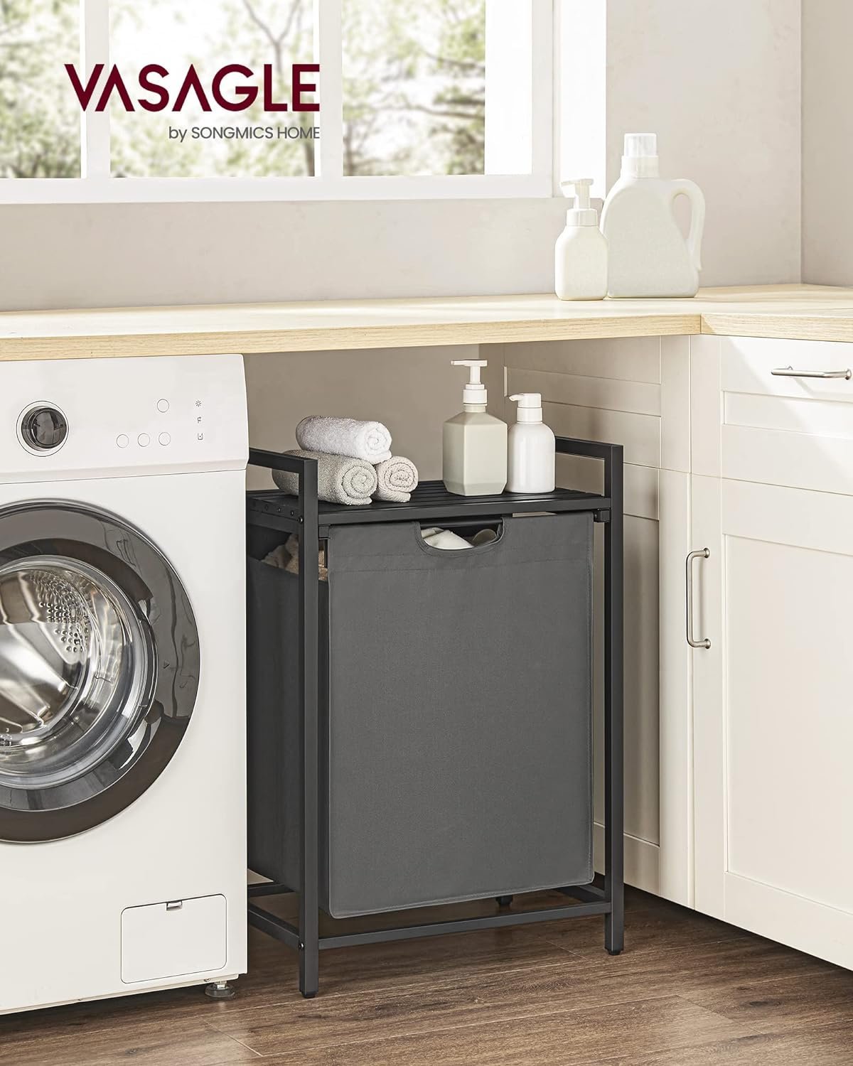 VASAGLE Cos de rufe, sac de rufe detasabil, raft, cadru metalic, 65L, 50x33x72 cm, negru si gri 2 VASAGLE Cos de rufe, sac de rufe detasabil, raft, cadru metalic, 65L, 50x33x72 cm, negru si gri - imagine 2