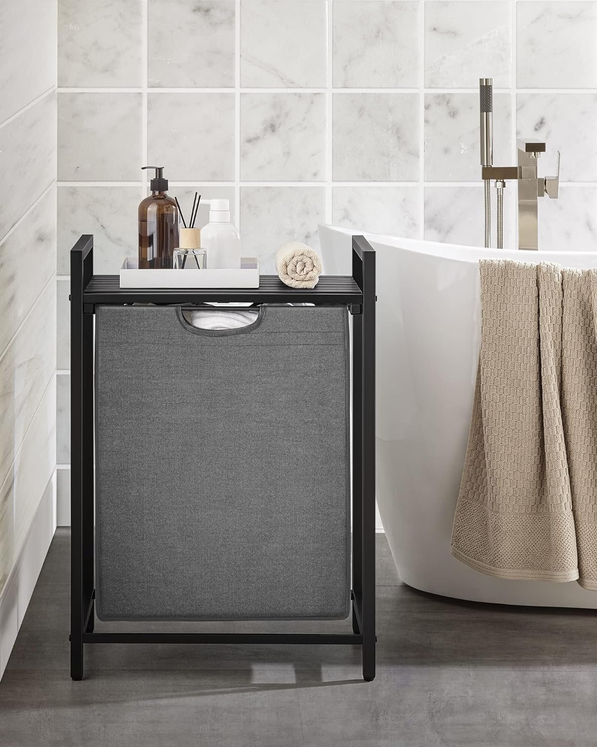 VASAGLE Cos de rufe, sac de rufe detasabil, raft, cadru metalic, 65L, 50x33x72 cm, negru si gri 3 VASAGLE Cos de rufe, sac de rufe detasabil, raft, cadru metalic, 65L, 50x33x72 cm, negru si gri - imagine 3