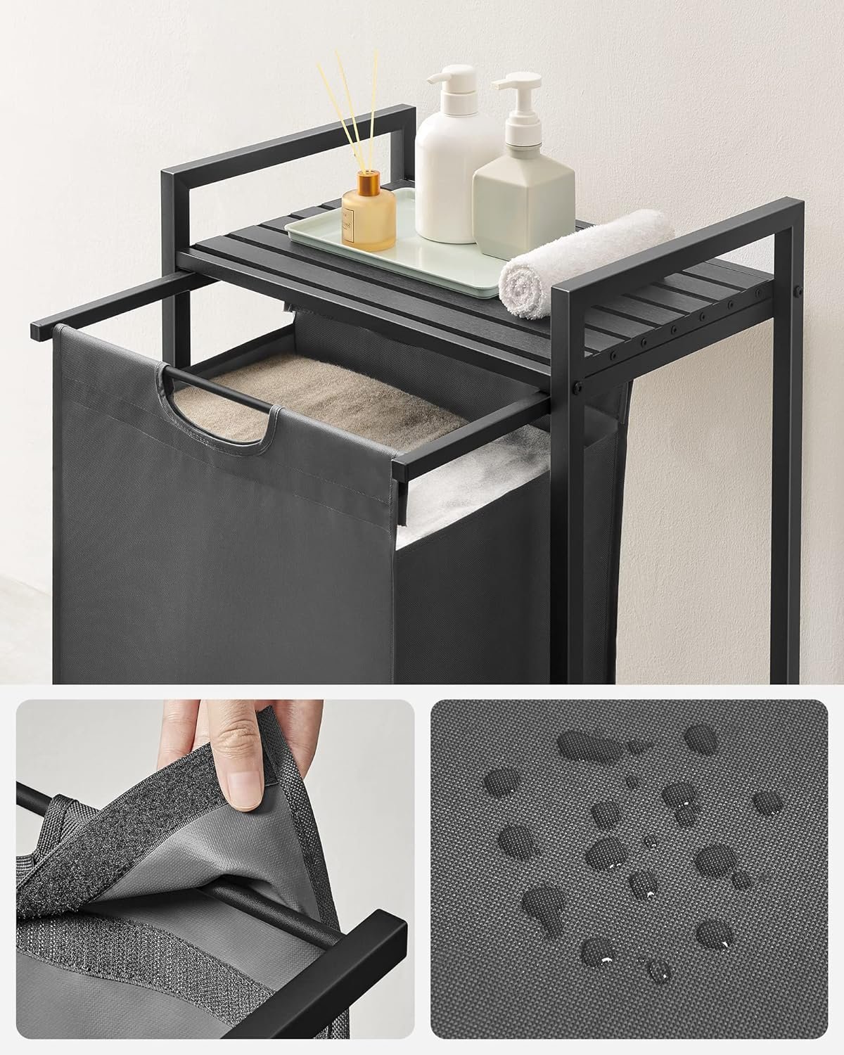 VASAGLE Cos de rufe, sac de rufe detasabil, raft, cadru metalic, 65L, 50x33x72 cm, negru si gri 4 VASAGLE Cos de rufe, sac de rufe detasabil, raft, cadru metalic, 65L, 50x33x72 cm, negru si gri - imagine 4