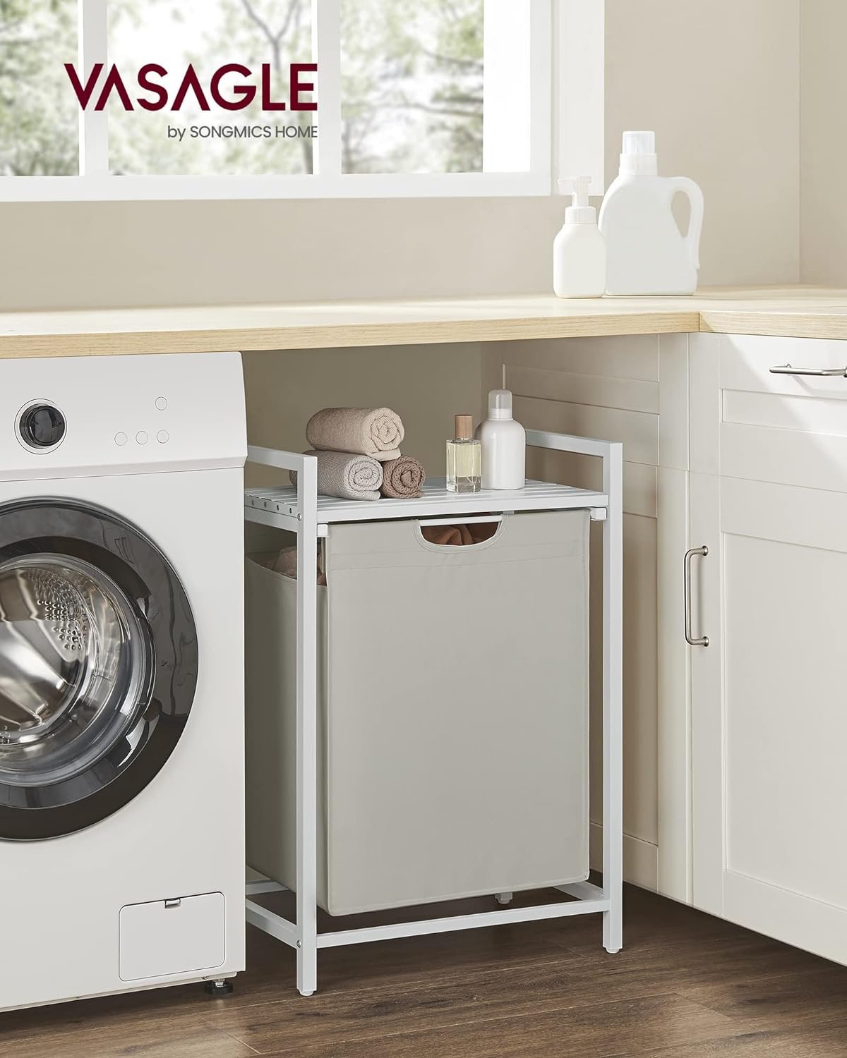 VASAGLE Cos de rufe, sac de rufe detasabil, raft, cadru metalic, 65L, 50x33x72 cm, alb 2 VASAGLE Cos de rufe, sac de rufe detasabil, raft, cadru metalic, 65L, 50x33x72 cm, alb - imagine 2