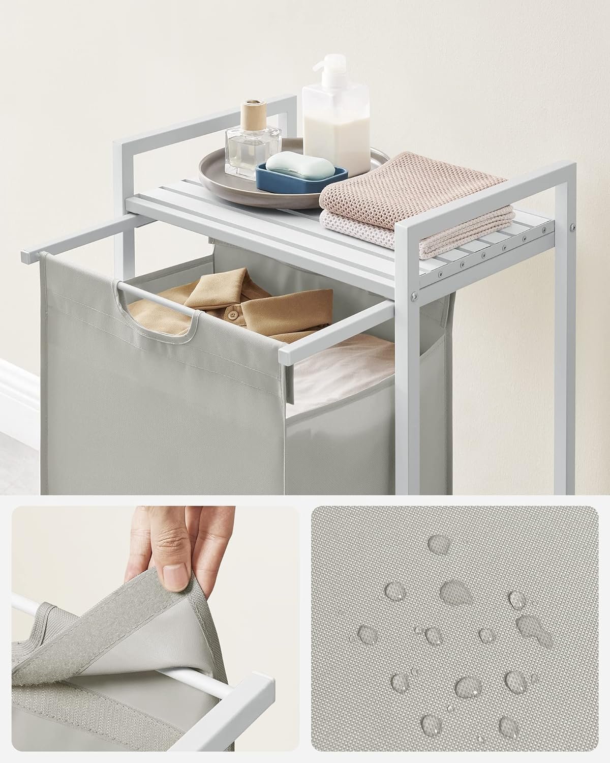 VASAGLE Cos de rufe, sac de rufe detasabil, raft, cadru metalic, 65L, 50x33x72 cm, alb 4 VASAGLE Cos de rufe, sac de rufe detasabil, raft, cadru metalic, 65L, 50x33x72 cm, alb - imagine 4