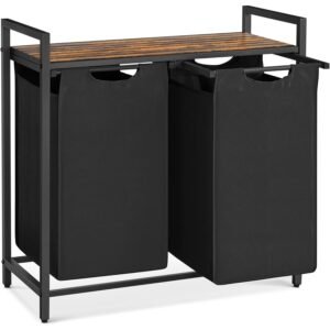VASAGLE Cos de rufe, 2 compartimente, saci de rufe detasabili, raft, cadru metalic, 2x46L, 73x33x72 cm, maro rustic si negru