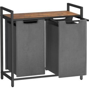 VASAGLE Cos de rufe, 2 compartimente, saci de rufe detasabili, raft, cadru metalic, 2x46L, 73x33x72 cm, maro rustic si gri