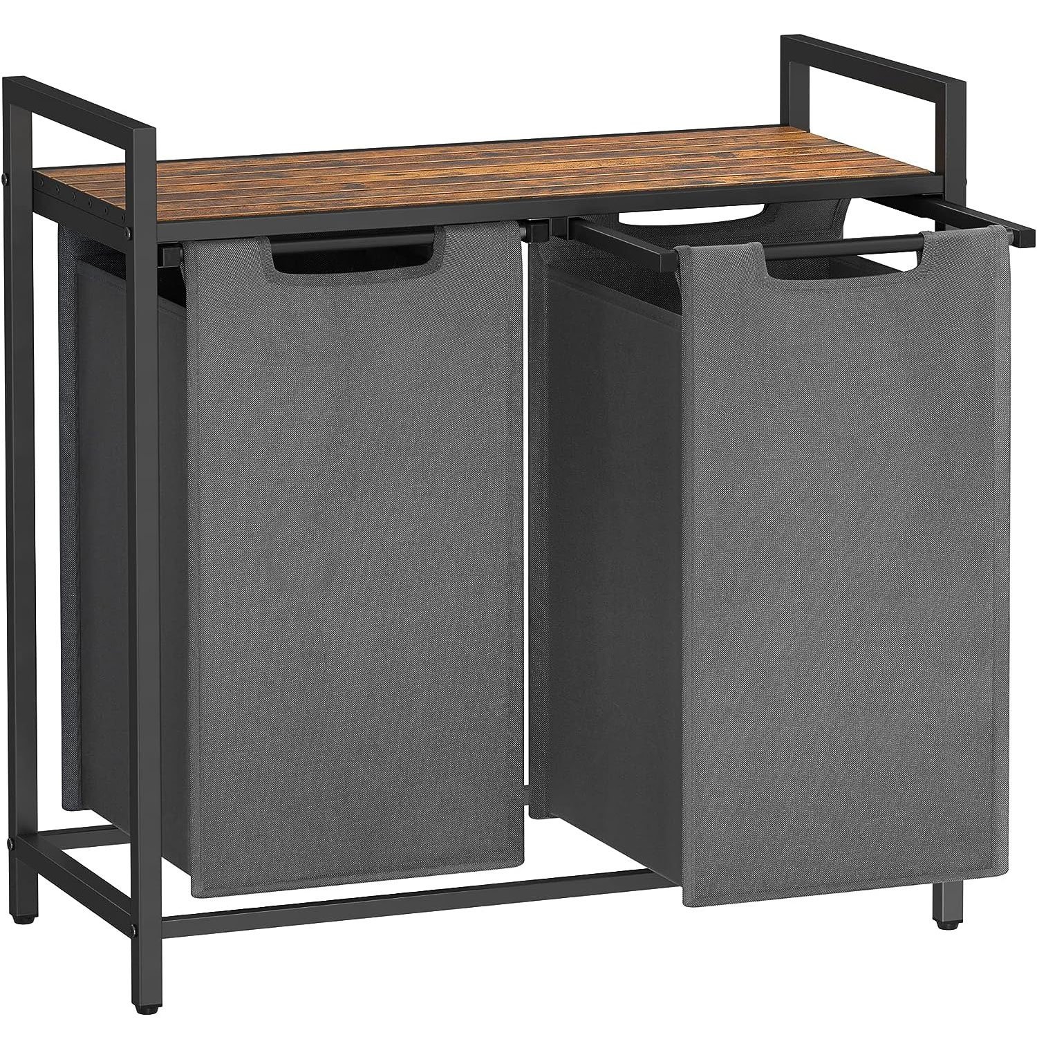 VASAGLE Cos de rufe, 2 compartimente, saci de rufe detasabili, raft, cadru metalic, 2x46L, 73x33x72 cm, maro rustic si gri 1 VASAGLE Cos de rufe, 2 compartimente, saci de rufe detasabili, raft, cadru metalic, 2x46L, 73x33x72 cm, maro rustic si gri
