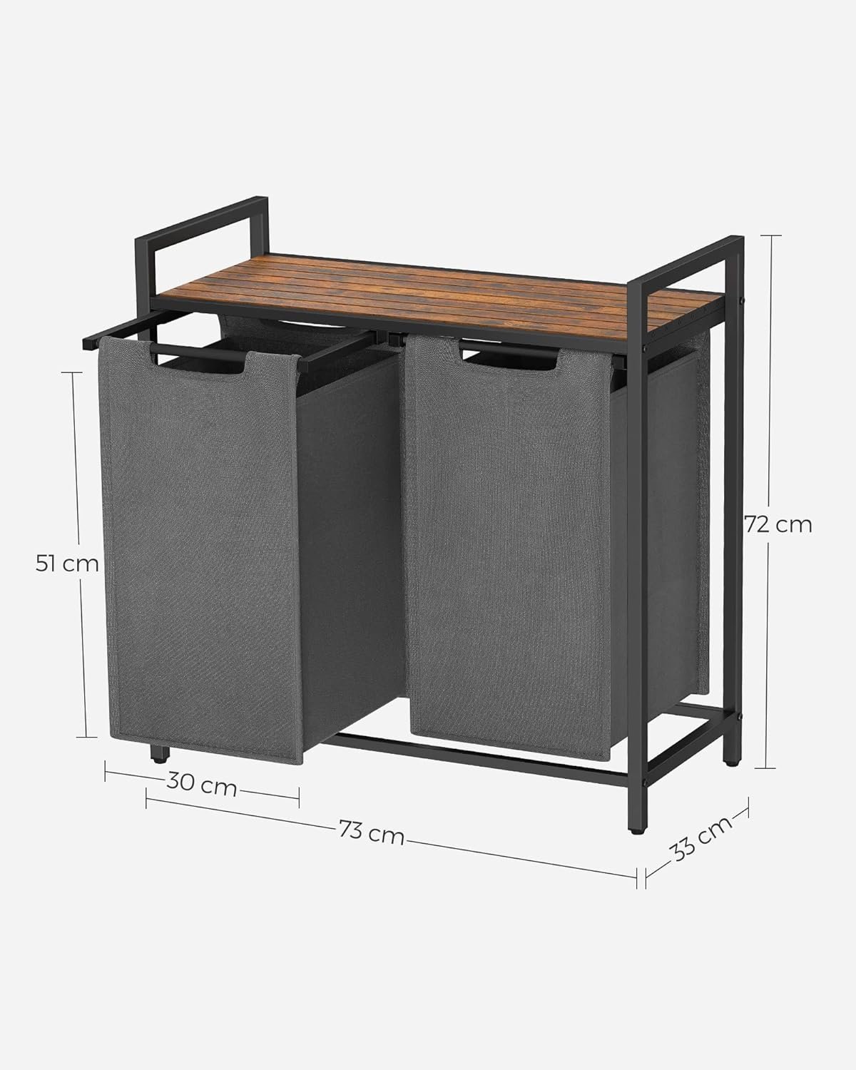 VASAGLE Cos de rufe, 2 compartimente, saci de rufe detasabili, raft, cadru metalic, 2x46L, 73x33x72 cm, maro rustic si gri 4 VASAGLE Cos de rufe, 2 compartimente, saci de rufe detasabili, raft, cadru metalic, 2x46L, 73x33x72 cm, maro rustic si gri - imagine 4