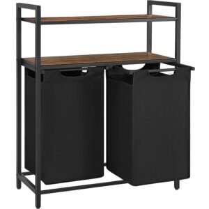 VASAGLE Cos de rufe, cu 2 saci detasabili, 2 rafturi, capacitate de 46L per sac, 73x33x72cm , maro rustic si negru
