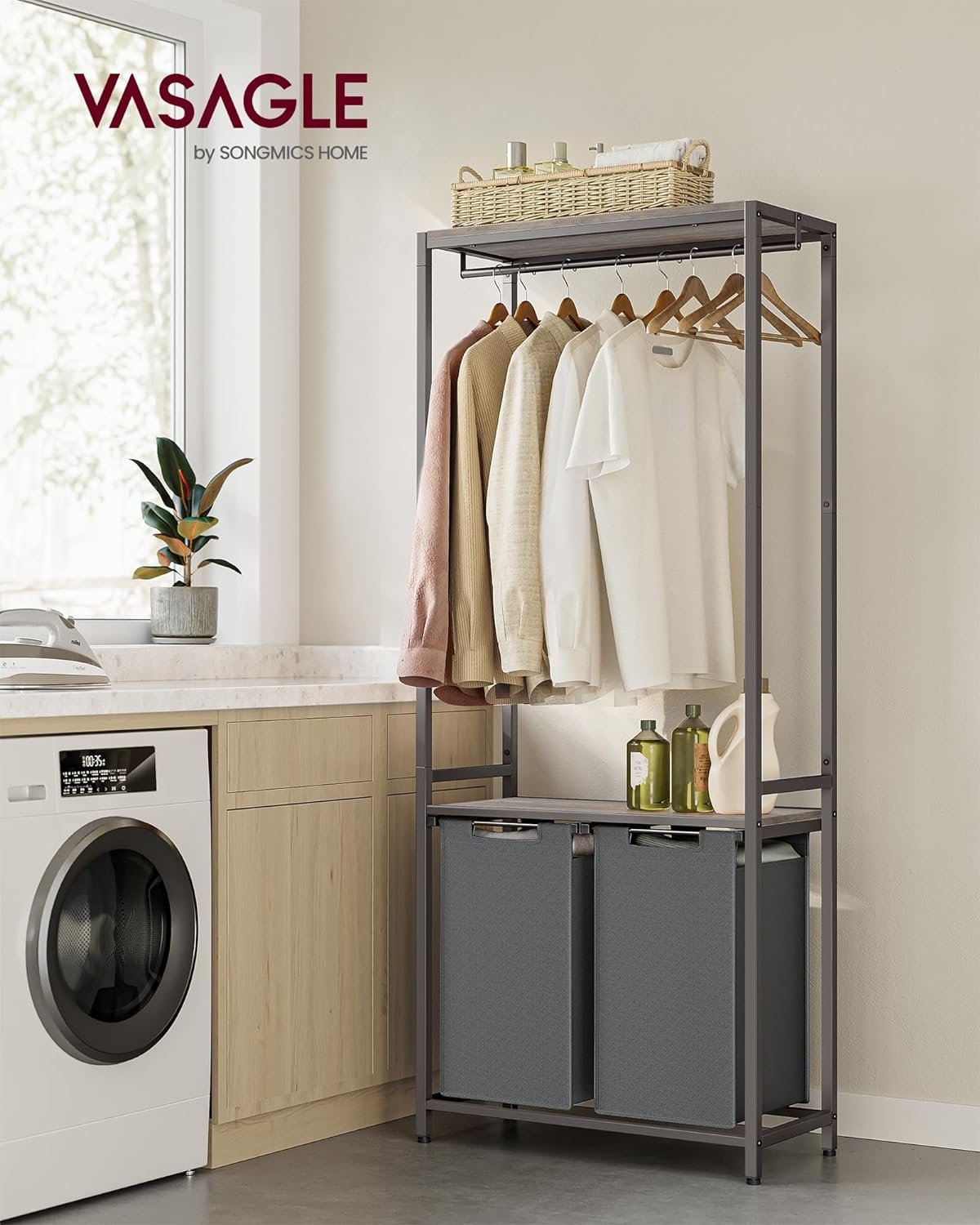 vasagle cos de rufe, 2 compartimente, saci de rufe detasabili, 2 rafturi, tija umerase, 2x46l, 73x33x177cm, gri 2 VASAGLE Cos de rufe, 2 compartimente, saci de rufe detasabili, 2 rafturi, tija umerase, 2x46L, 73x33x177cm, gri - imagine 2