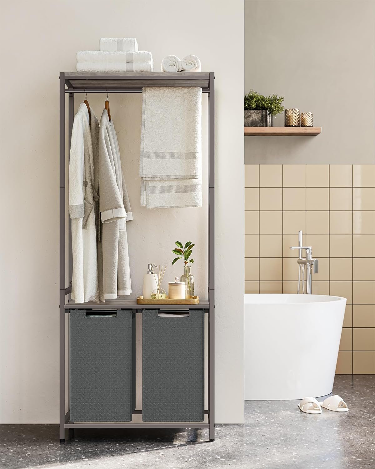 vasagle cos de rufe, 2 compartimente, saci de rufe detasabili, 2 rafturi, tija umerase, 2x46l, 73x33x177cm, gri 3 VASAGLE Cos de rufe, 2 compartimente, saci de rufe detasabili, 2 rafturi, tija umerase, 2x46L, 73x33x177cm, gri - imagine 3