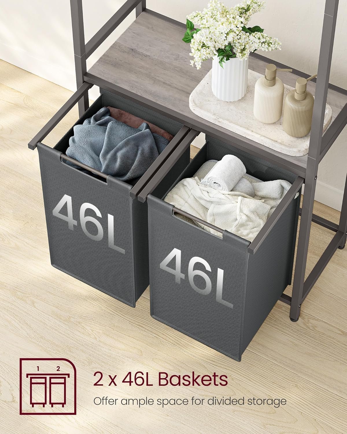 vasagle cos de rufe, 2 compartimente, saci de rufe detasabili, 2 rafturi, tija umerase, 2x46l, 73x33x177cm, gri 4 VASAGLE Cos de rufe, 2 compartimente, saci de rufe detasabili, 2 rafturi, tija umerase, 2x46L, 73x33x177cm, gri - imagine 4