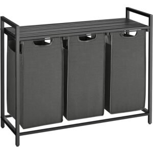 VASAGLE Cos de rufe, 3 compartimente, saci de rufe detasabili, raft, cadru metalic, 3x38L, 93x33x72 cm, negru
