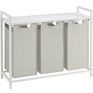 VASAGLE Cos de rufe, 3 compartimente, saci de rufe detasabili, raft, cadru metalic, 3x38L, 93x33x72 cm, alb