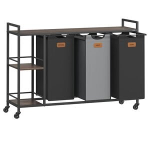 VASAGLE Cos de rufe cu rafturi si roti, 3 compartimente cu saci de rufe detasabili, 3×50 litri, 117x33x81 cm, maro si negru
