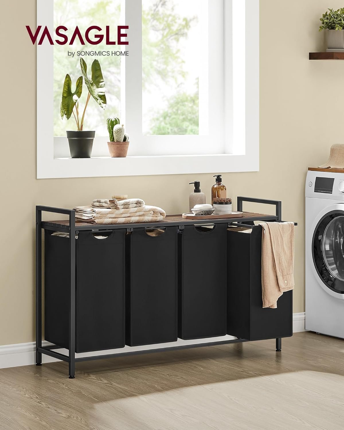 VASAGLE Cos rufe 4x40L, saci detasabili, raft superior si cadru metalic, 116x33x72 cm, maro si negru 2 VASAGLE Cos rufe 4x40L, saci detasabili, raft superior si cadru metalic, 116x33x72 cm, maro si negru - imagine 2