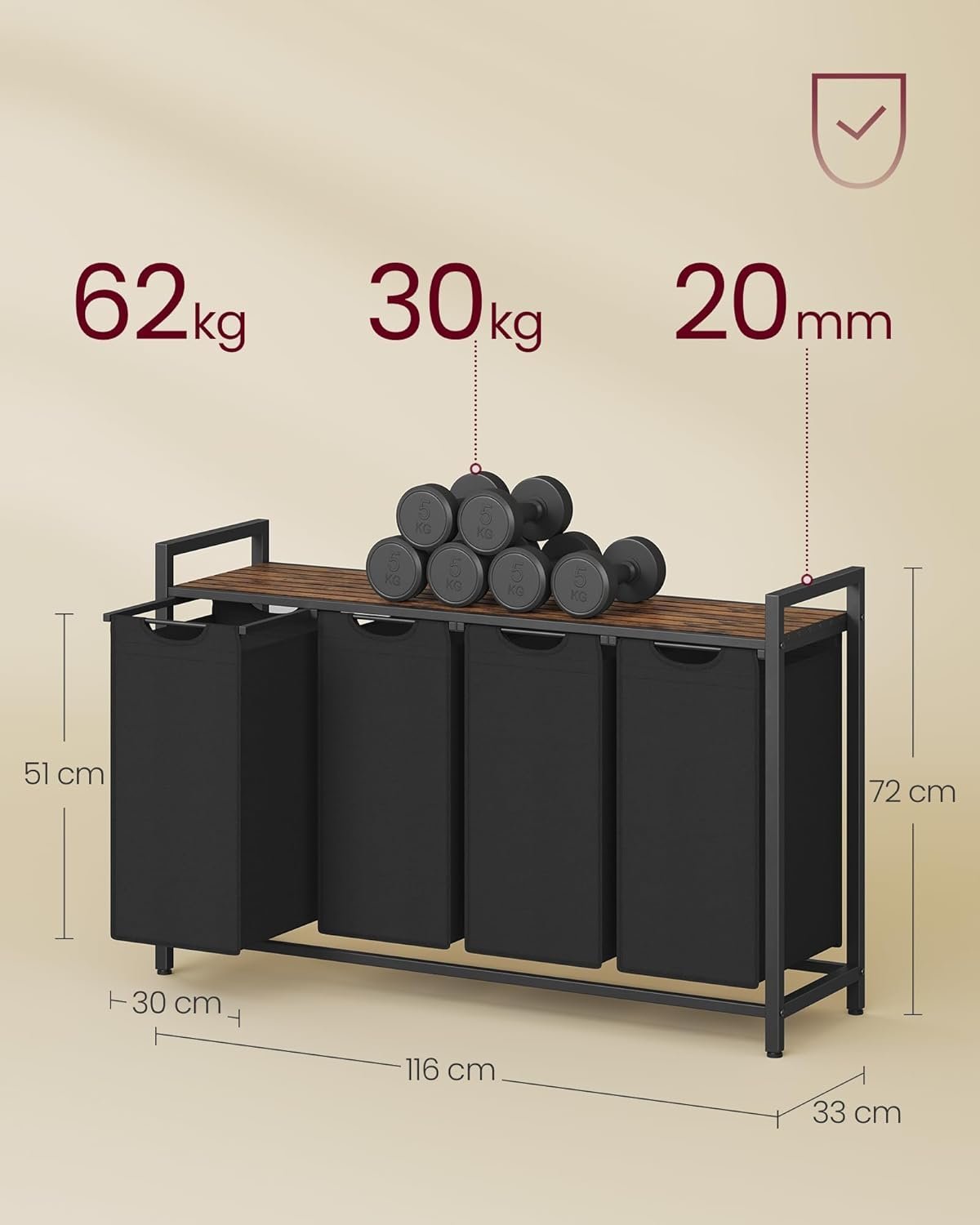 VASAGLE Cos rufe 4x40L, saci detasabili, raft superior si cadru metalic, 116x33x72 cm, maro si negru 3 VASAGLE Cos rufe 4x40L, saci detasabili, raft superior si cadru metalic, 116x33x72 cm, maro si negru - imagine 3