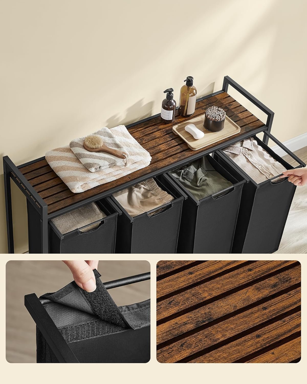 VASAGLE Cos rufe 4x40L, saci detasabili, raft superior si cadru metalic, 116x33x72 cm, maro si negru 4 VASAGLE Cos rufe 4x40L, saci detasabili, raft superior si cadru metalic, 116x33x72 cm, maro si negru - imagine 4