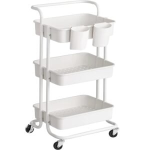 SONGMICS Carucior de depozitare pe roti, pentru bucatarie sau baie, cu 3 nivele, 42x34x86 cm, alb
