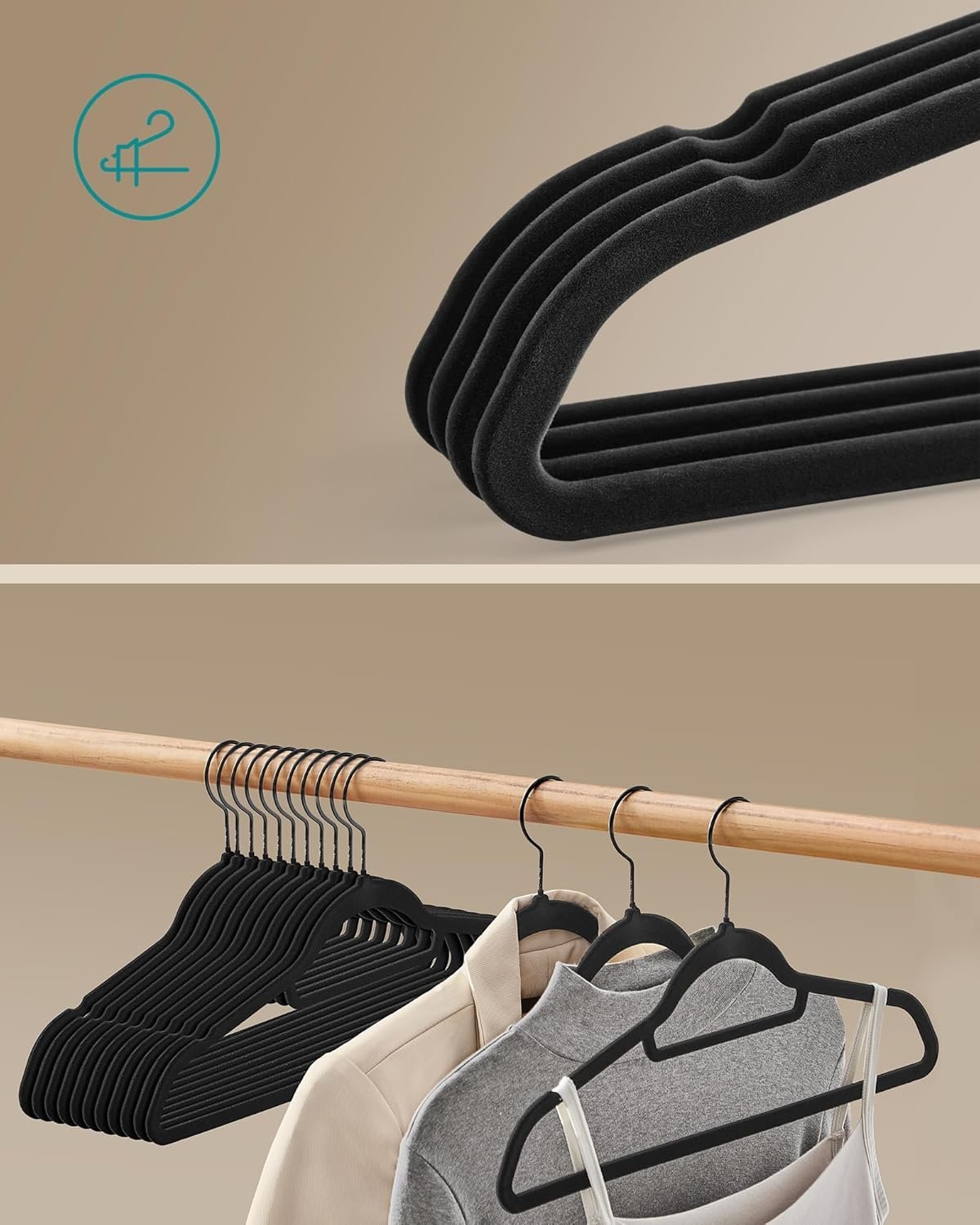 SONGMICS Set de 50 de umerase pentru haine, anti-alunecare cu catifea, bara de cravata si carlig pivotant, 43,5 cm, negru 2 SONGMICS Set de 50 de umerase pentru haine, anti-alunecare cu catifea, bara de cravata si carlig pivotant, 43,5 cm, negru - imagine 2