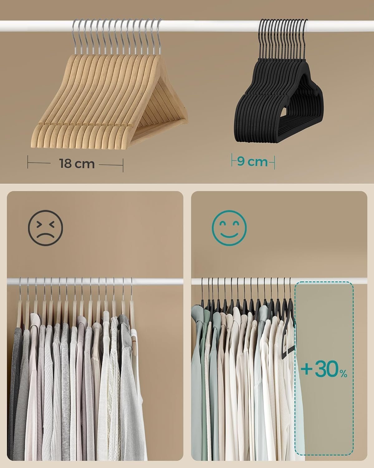 SONGMICS Set de 50 de umerase pentru haine, anti-alunecare cu catifea, bara de cravata si carlig pivotant, 43,5 cm, negru 4 SONGMICS Set de 50 de umerase pentru haine, anti-alunecare cu catifea, bara de cravata si carlig pivotant, 43,5 cm, negru - imagine 4