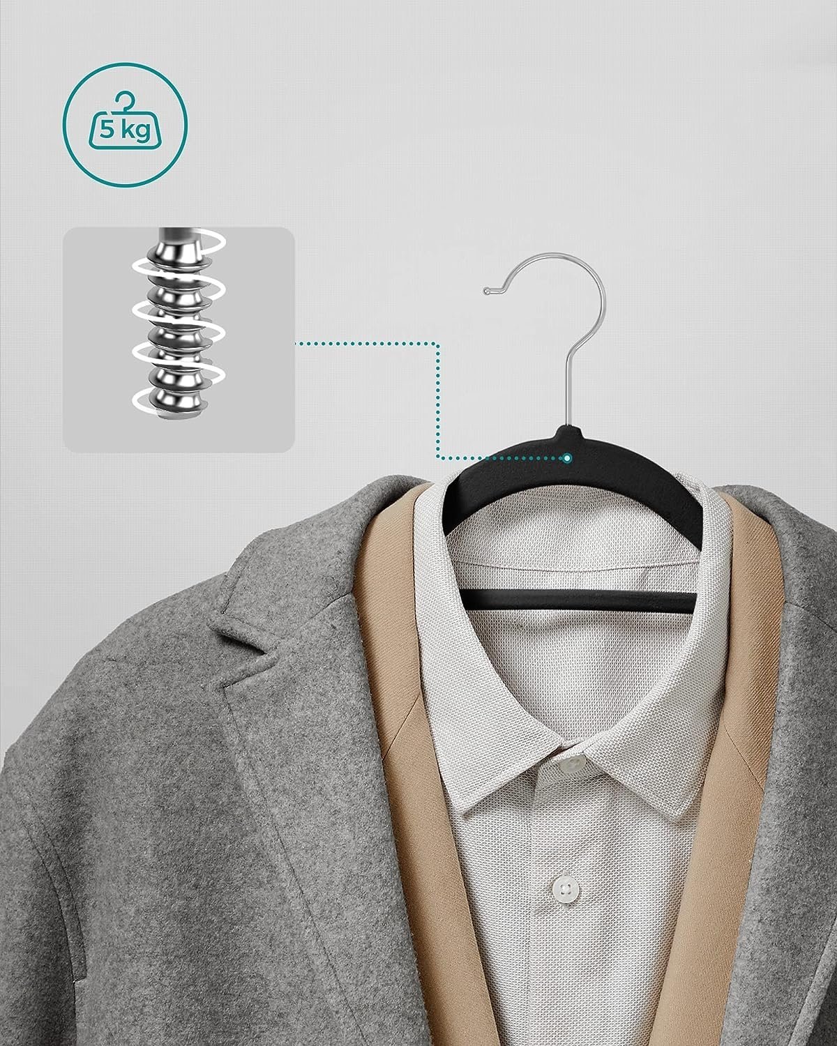 SONGMICS Set de 20 de umerase pentru haine, anti-alunecare cu catifea, bara de cravata si carlig pivotant, 43,5 cm, negru 4 SONGMICS Set de 20 de umerase pentru haine, anti-alunecare cu catifea, bara de cravata si carlig pivotant, 43,5 cm, negru - imagine 4