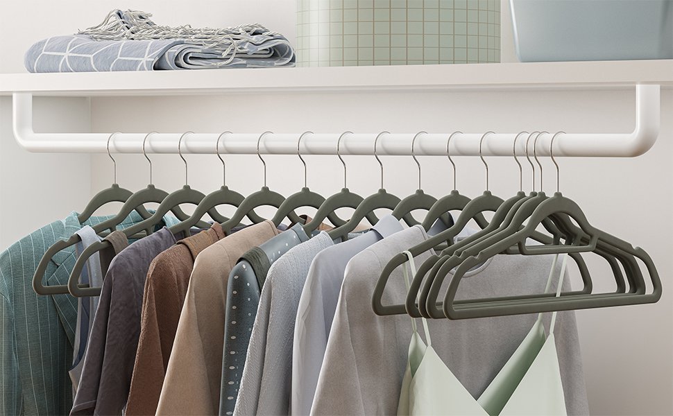 SONGMICS Set de 20 de umerase pentru haine, anti-alunecare cu catifea, bara de cravata si carlig pivotant, 43,5 cm, gri 2 SONGMICS Set de 20 de umerase pentru haine, anti-alunecare cu catifea, bara de cravata si carlig pivotant, 43,5 cm, gri - imagine 2