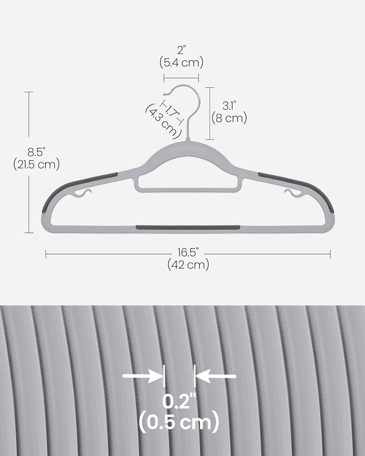 SONGMICS Set de 50 de umerase subtiri din plastic, antialunecare, cu deschidere U, carlige rotative 360°, 42 cm, gri 2 SONGMICS Set de 50 de umerase subtiri din plastic, antialunecare, cu deschidere U, carlige rotative 360°, 42 cm, gri - imagine 2