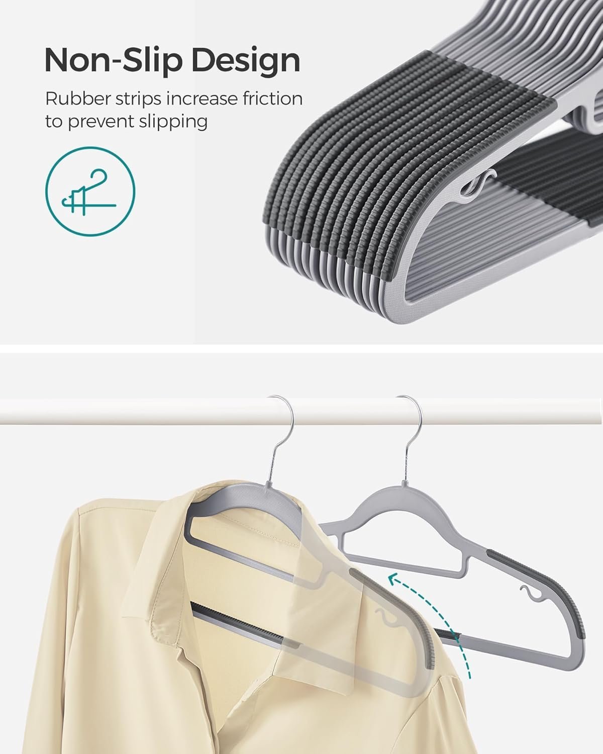 SONGMICS Set de 50 de umerase subtiri din plastic, antialunecare, cu deschidere U, carlige rotative 360°, 42 cm, gri 3 SONGMICS Set de 50 de umerase subtiri din plastic, antialunecare, cu deschidere U, carlige rotative 360°, 42 cm, gri - imagine 3