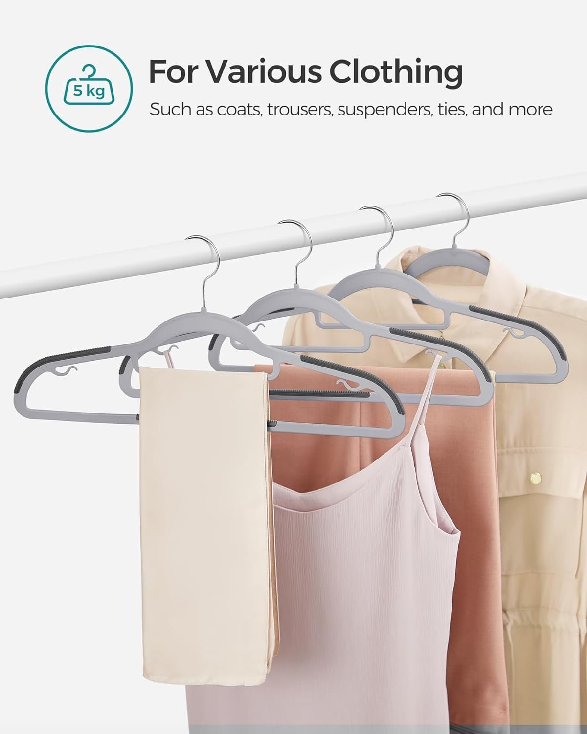 SONGMICS Set de 50 de umerase subtiri din plastic, antialunecare, cu deschidere U, carlige rotative 360°, 42 cm, gri 4 SONGMICS Set de 50 de umerase subtiri din plastic, antialunecare, cu deschidere U, carlige rotative 360°, 42 cm, gri - imagine 4