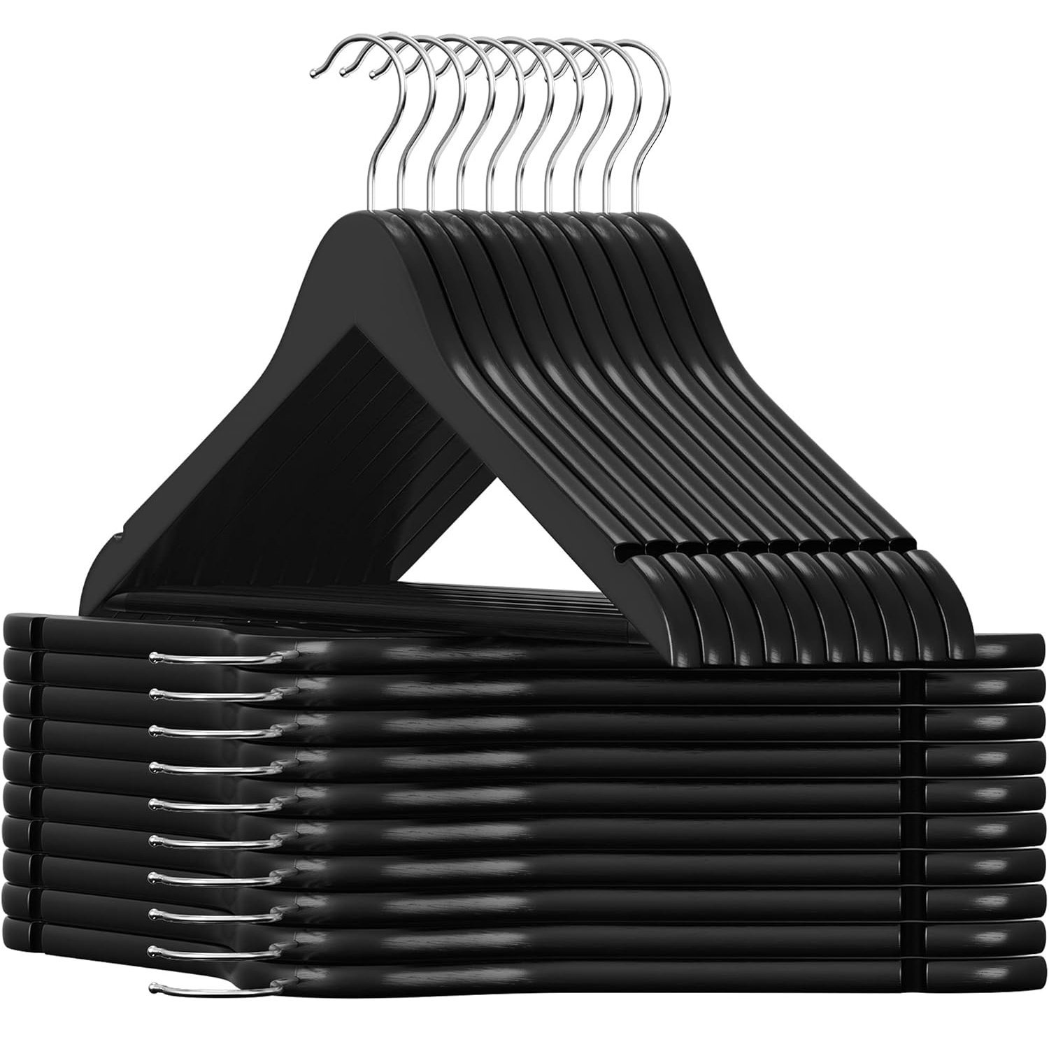 SONGMICS Umerase haine 45x23 cm, set 20 buc, lemn masiv cu bara pentru pantaloni si carlig rotativ, negru 1 SONGMICS Umerase haine 45x23 cm, set 20 buc, lemn masiv cu bara pentru pantaloni si carlig rotativ, negru