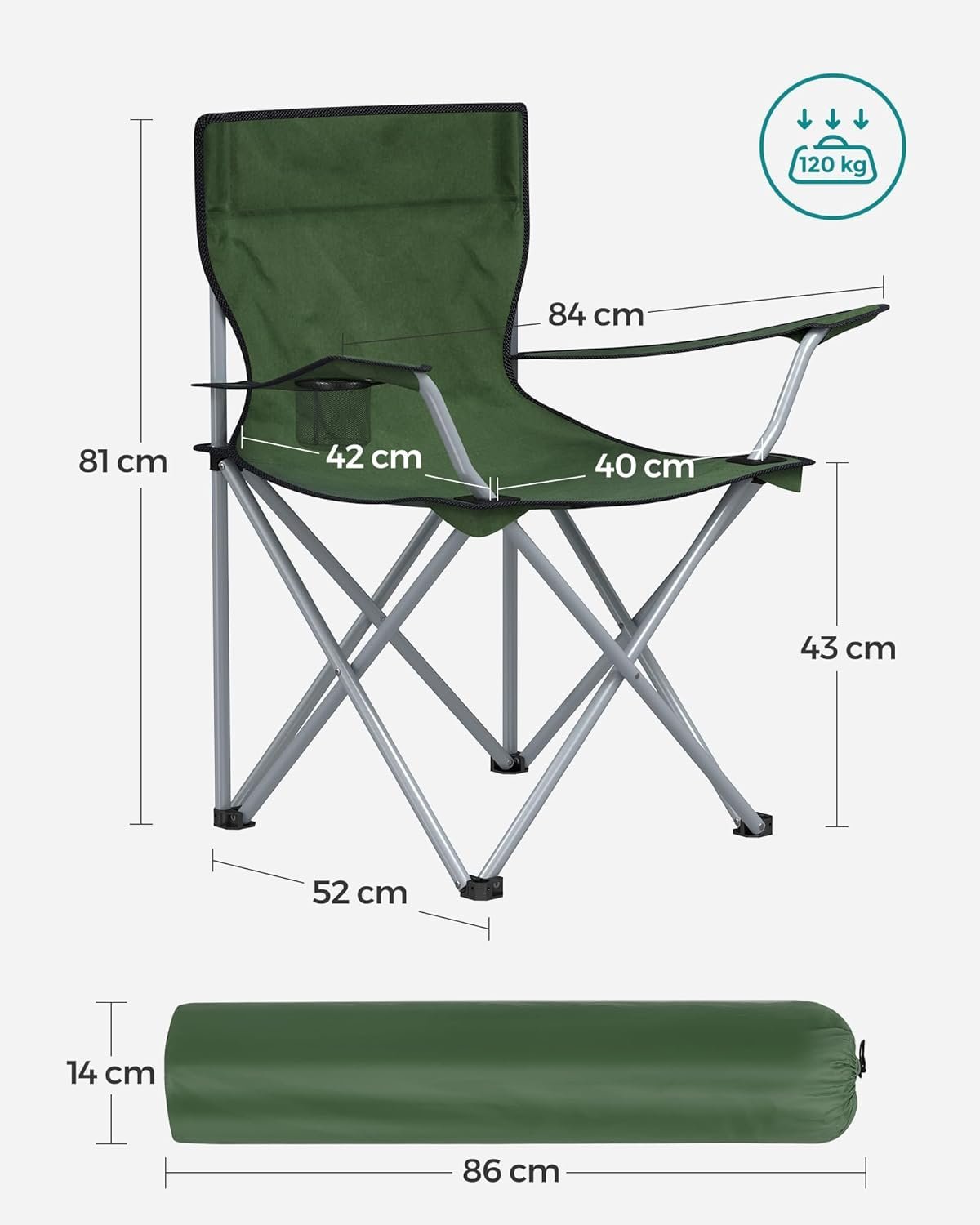 SONGMICS Set 2 scaune pliabile camping cu suport bauturi, husa transport, 52x84x81 cm, 120 kg, verde 2 SONGMICS Set 2 scaune pliabile camping cu suport bauturi, husa transport, 52x84x81 cm, 120 kg, verde - imagine 2