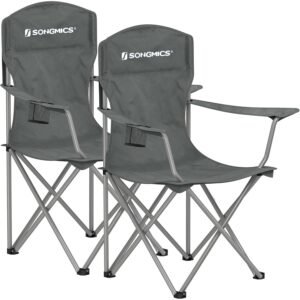 SONGMICS Set 2 scaune pliabile camping cu suport bauturi, husa transport, 150 kg, 54x86x97 cm, gri