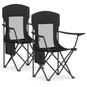 SONGMICS Set 2 scaune pliabile camping cu spatar inalt si suport bauturi, husa transport, 150 kg, 52x87x97 cm, negru