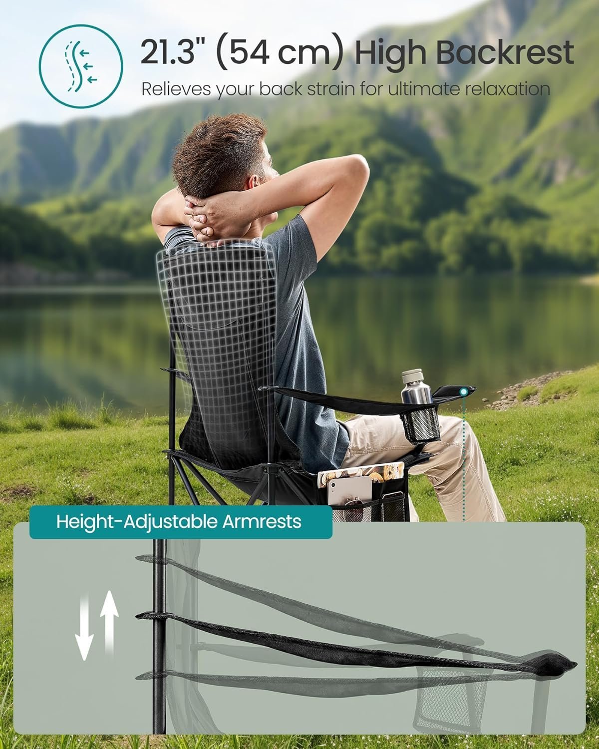 SONGMICS Set 2 scaune pliabile camping cu spatar inalt si suport bauturi, husa transport, 150 kg, 52x87x97 cm, negru 4 SONGMICS Set 2 scaune pliabile camping cu spatar inalt si suport bauturi, husa transport, 150 kg, 52x87x97 cm, negru - imagine 4